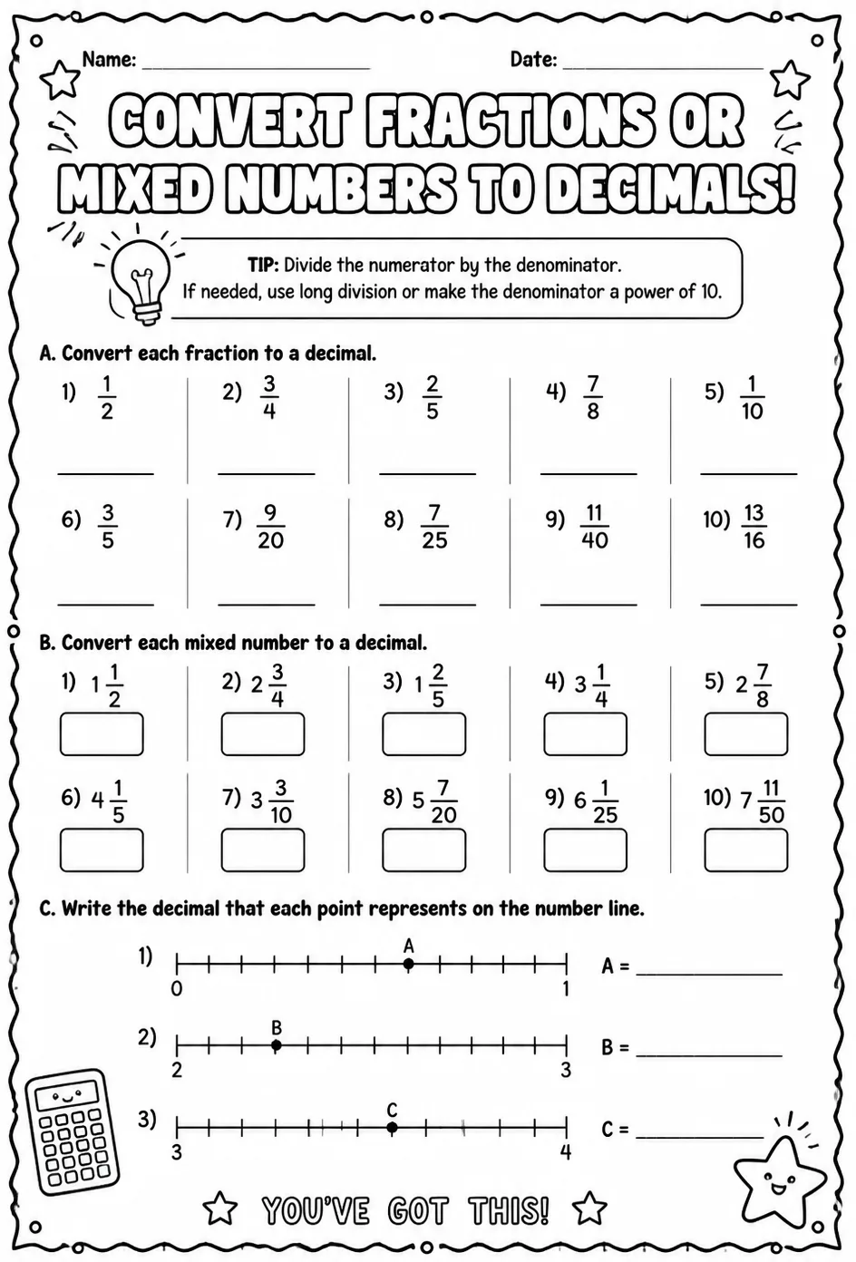Convert fractions or mixed numbers to decimals — free printable Grade 7 math worksheet