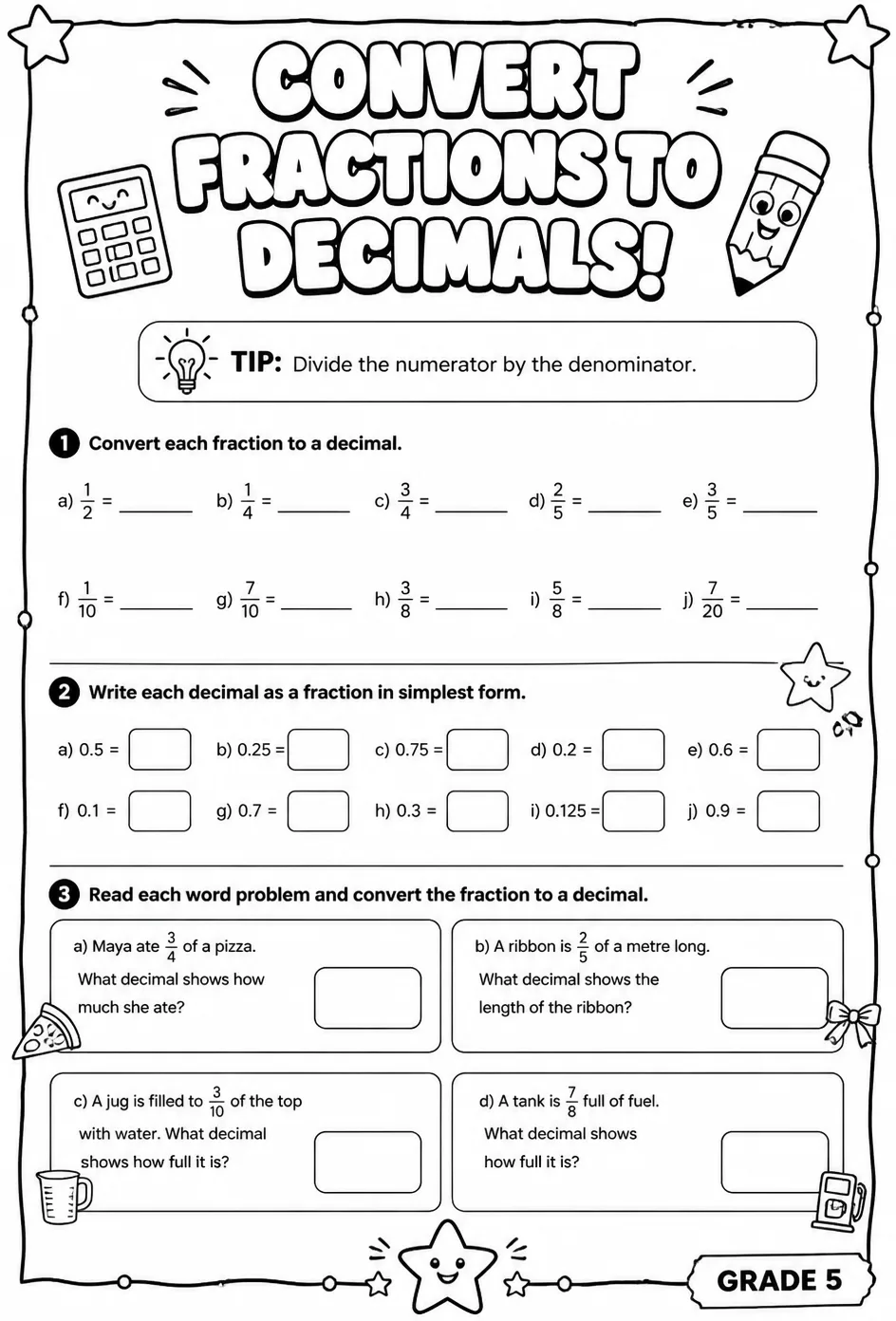 Convert fractions to decimals — free printable Grade 5 math worksheet
