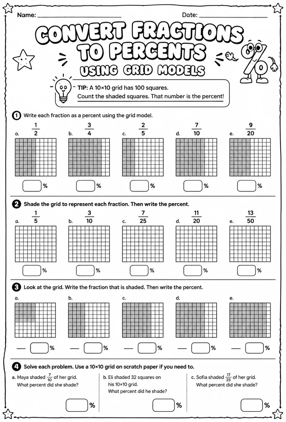Convert fractions to percents using grid models — free printable Grade 6 math worksheet