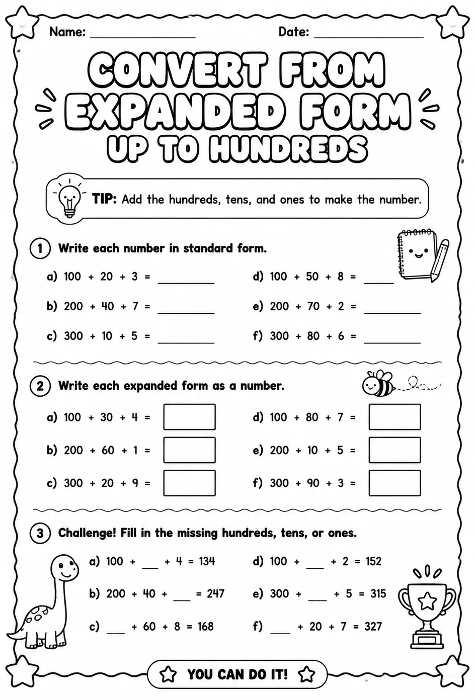 Convert from expanded form - up to hundreds — free printable Grade 2 math worksheet
