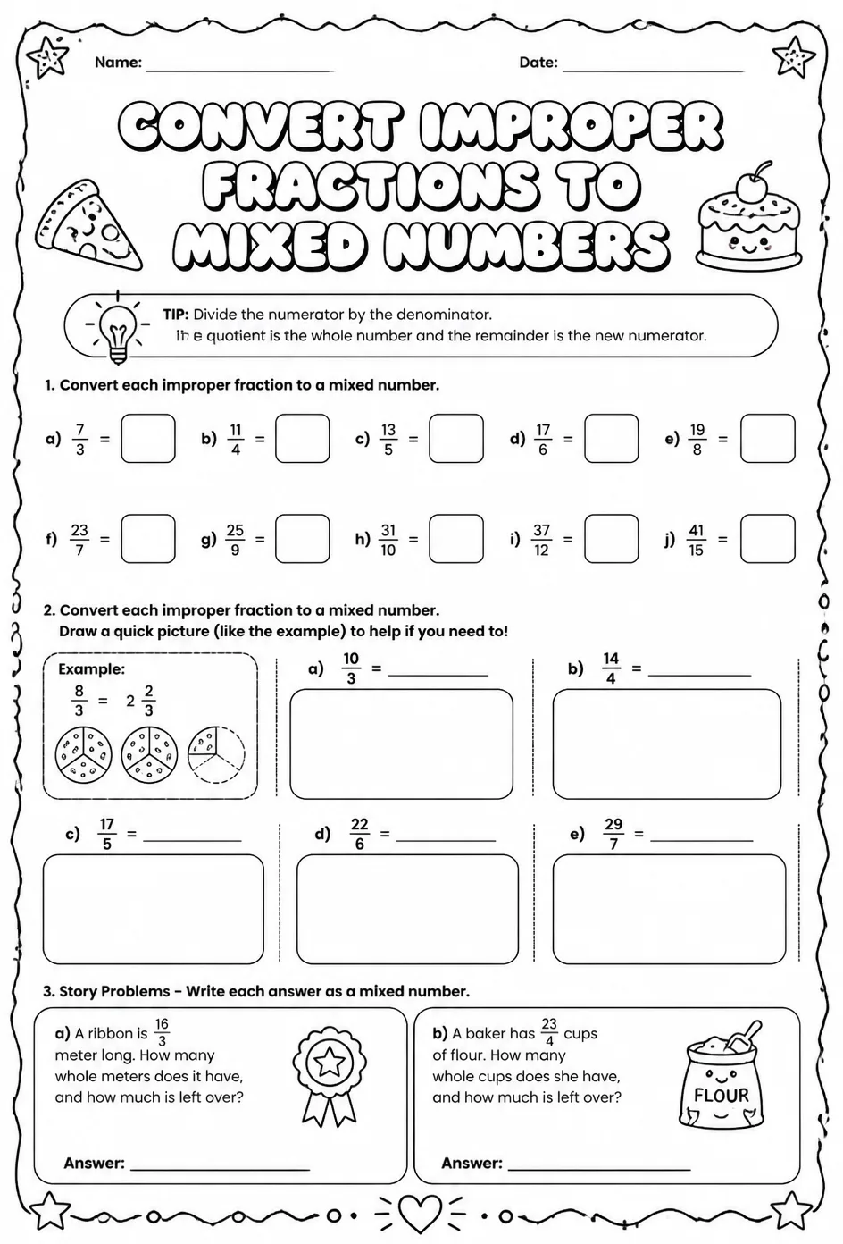 Convert improper fractions to mixed numbers — free printable Grade 4 math worksheet