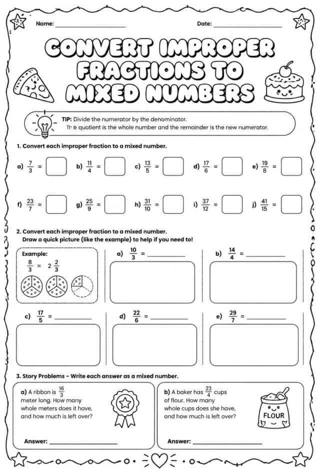 Convert improper fractions to mixed numbers