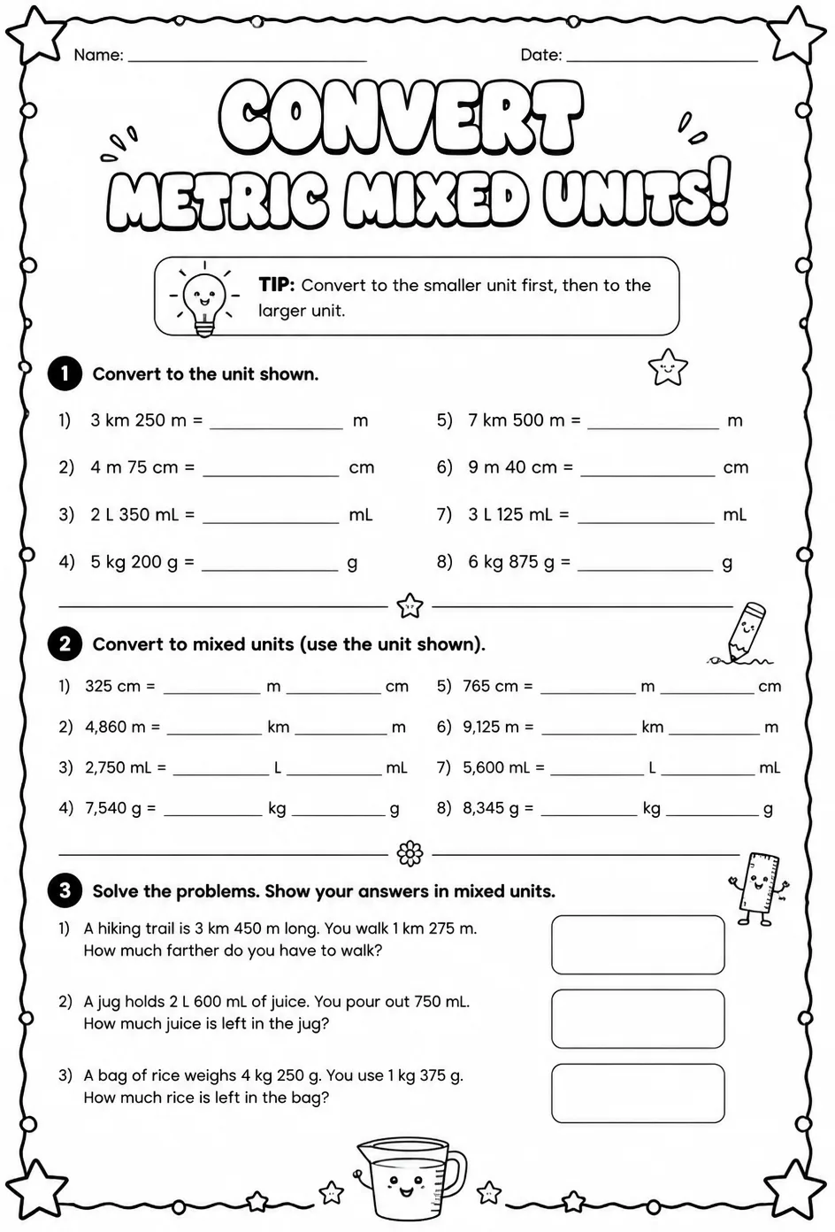 Convert metric mixed units — free printable Grade 5 math worksheet