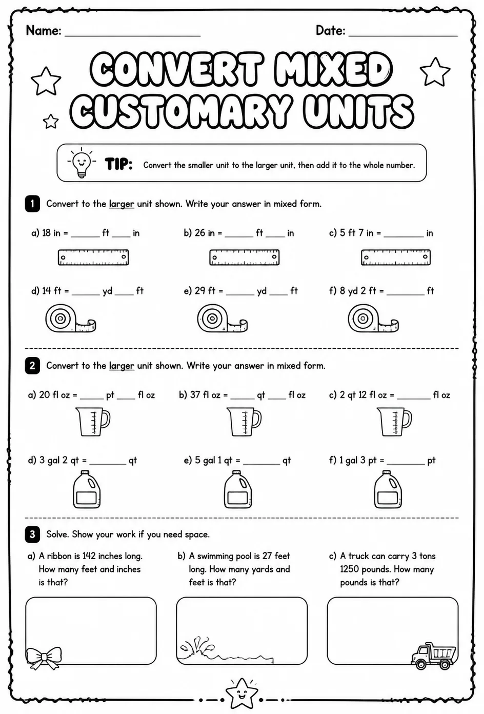 Convert mixed customary units — free printable Grade 4 math worksheet