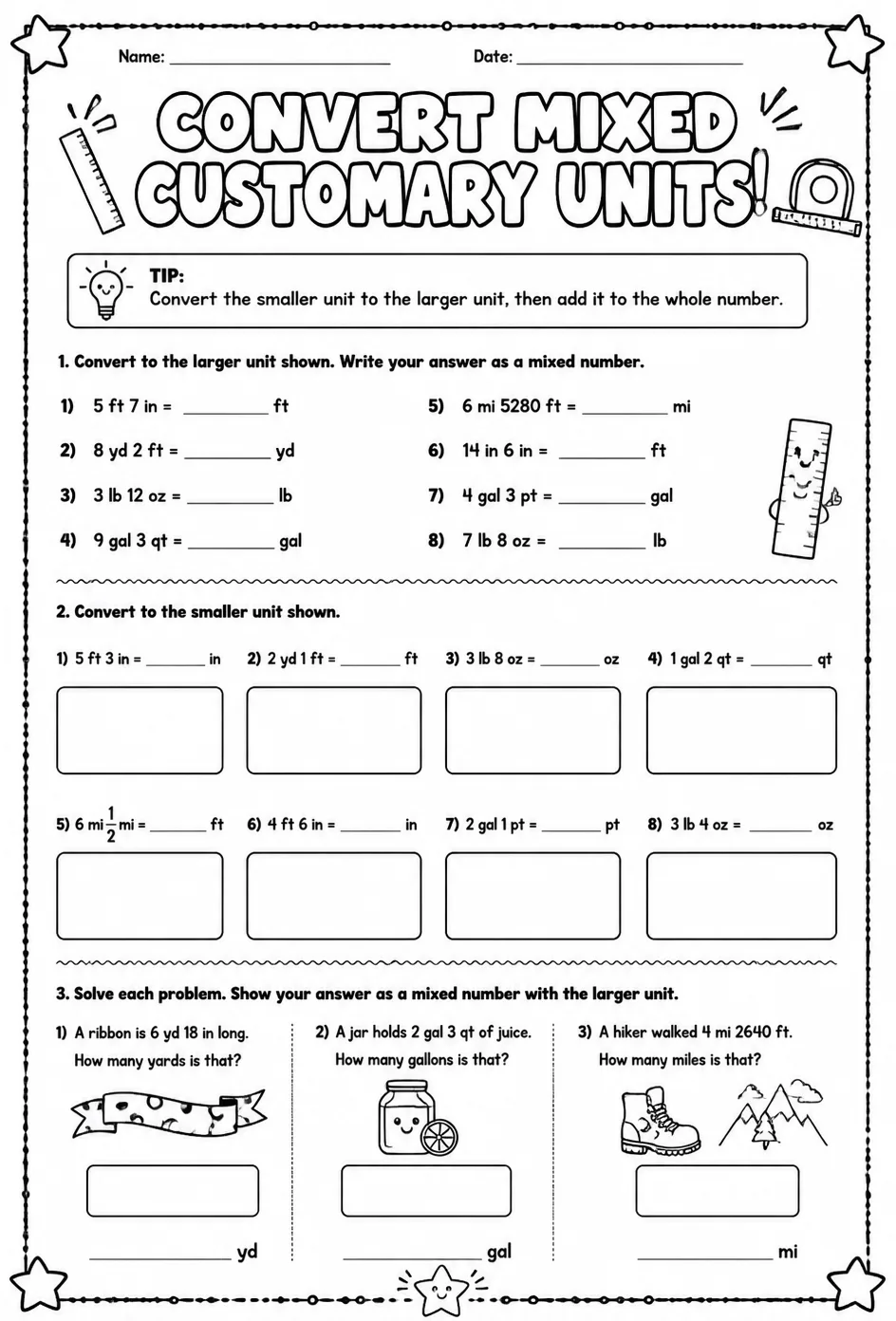 Convert mixed customary units — free printable Grade 5 math worksheet