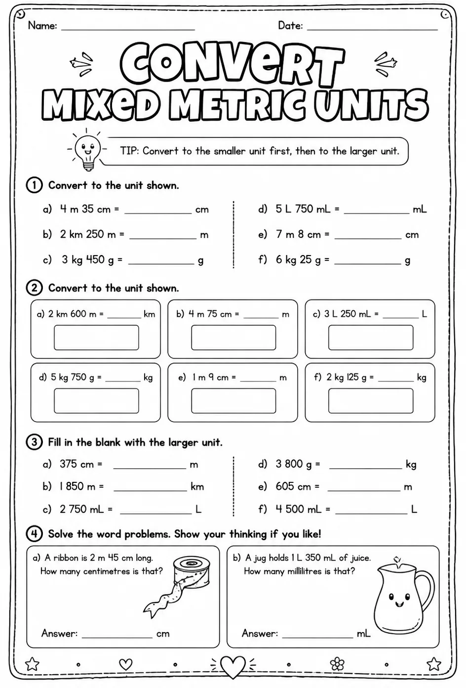 Convert mixed metric units — free printable Grade 4 math worksheet