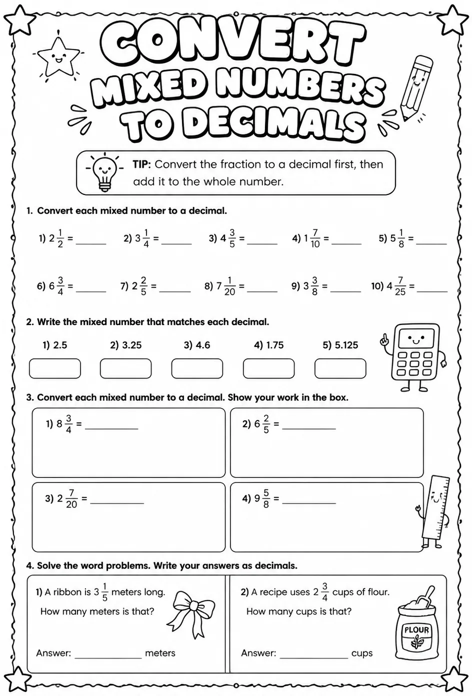Convert mixed numbers to decimals — free printable Grade 5 math worksheet