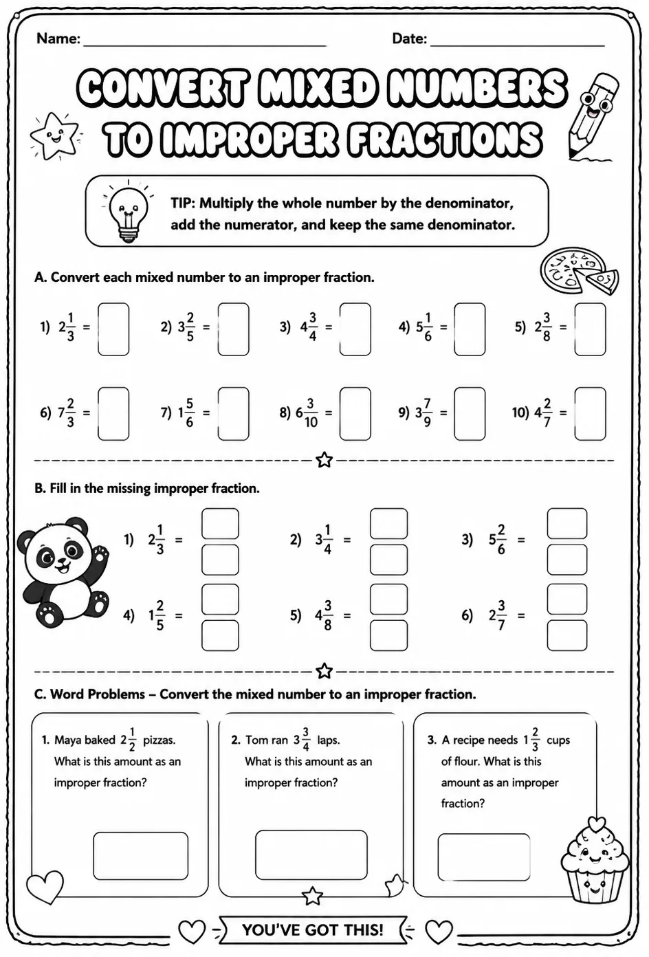 Convert mixed numbers to improper fractions — free printable Grade 4 math worksheet