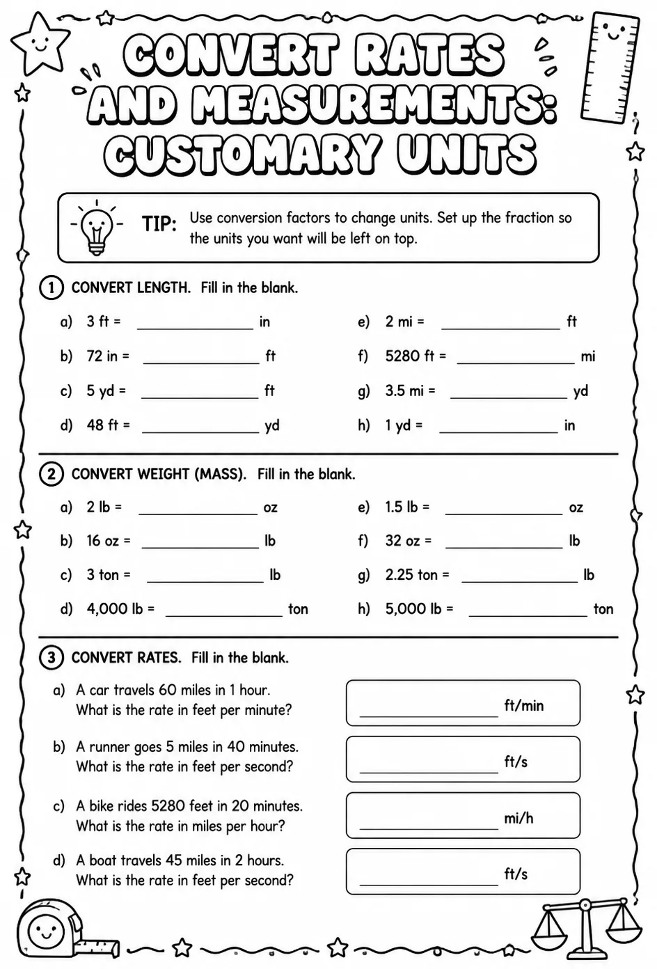 Convert rates and measurements: customary units — free printable Algebra 1 math worksheet