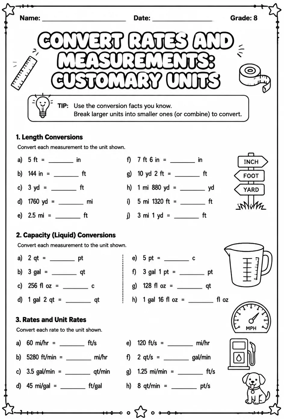 Convert rates and measurements: customary units — free printable Grade 8 math worksheet