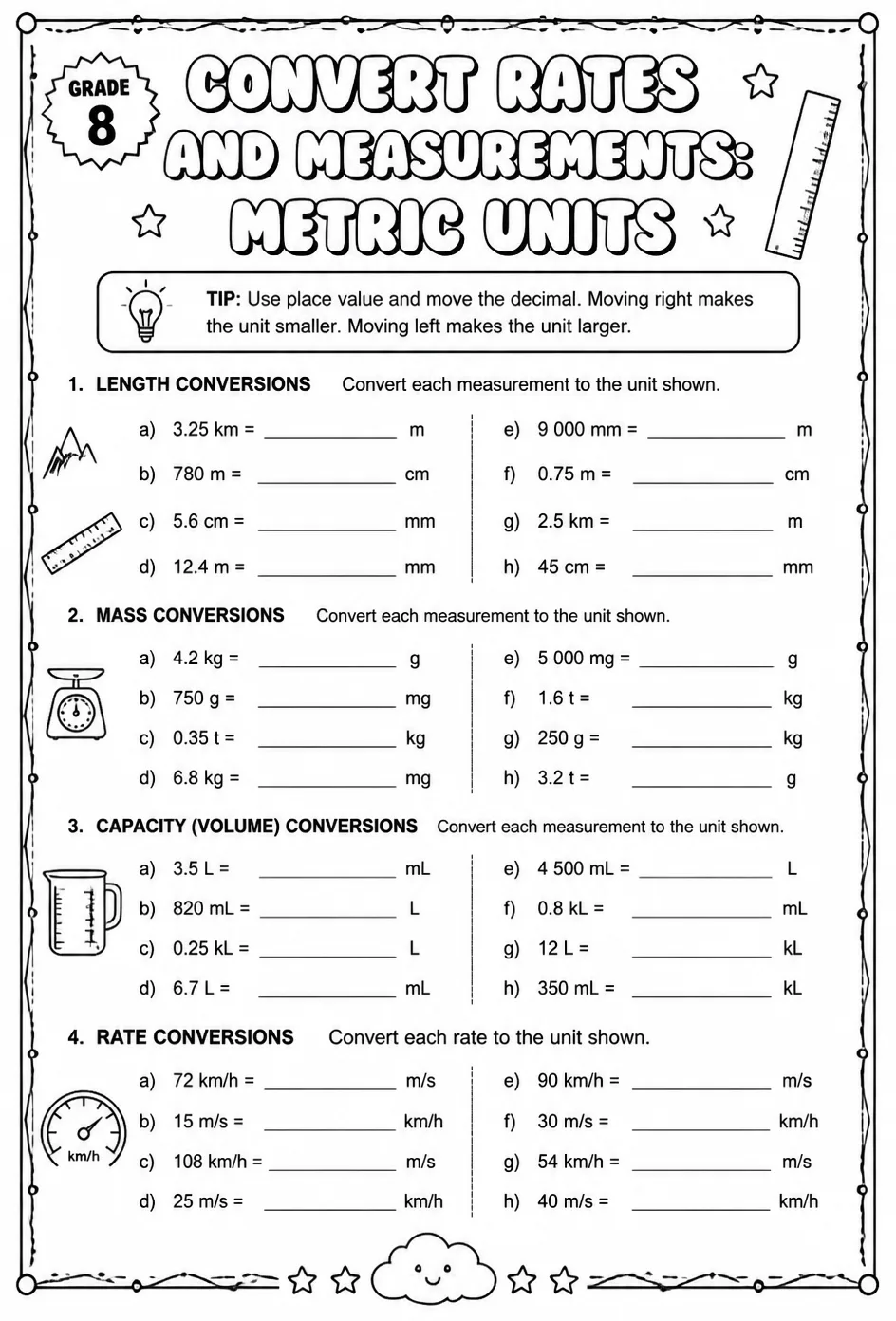 Convert rates and measurements: metric units — free printable Grade 8 math worksheet