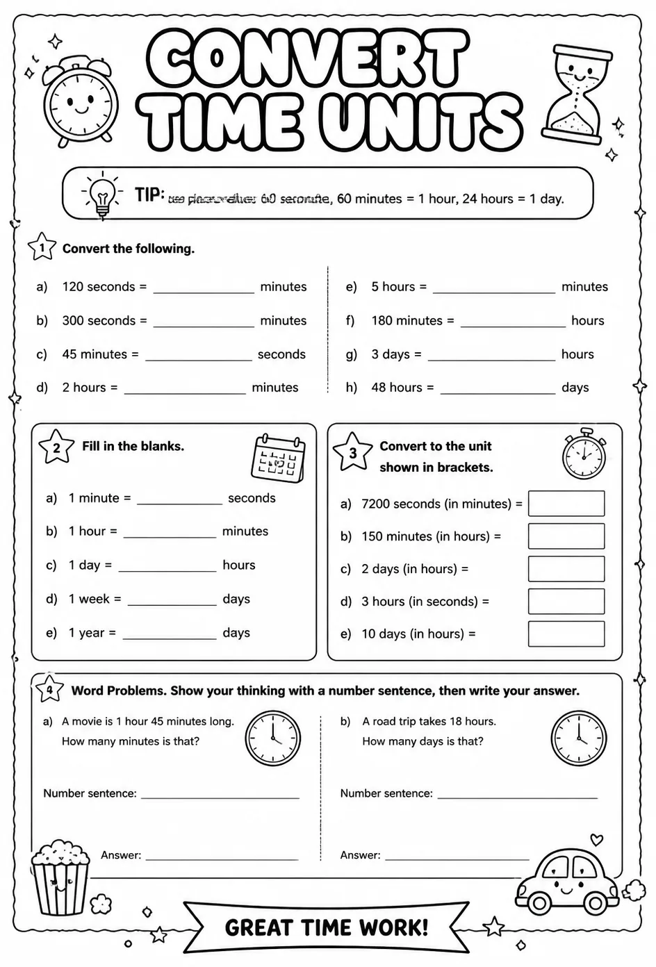 Convert time units — free printable Grade 5 math worksheet