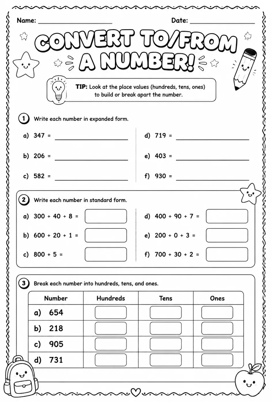 Convert to/from a number — free printable Grade 3 math worksheet