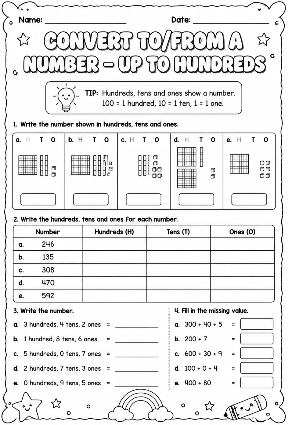 Convert to/from a number - up to hundreds — free printable Grade 2 math worksheet