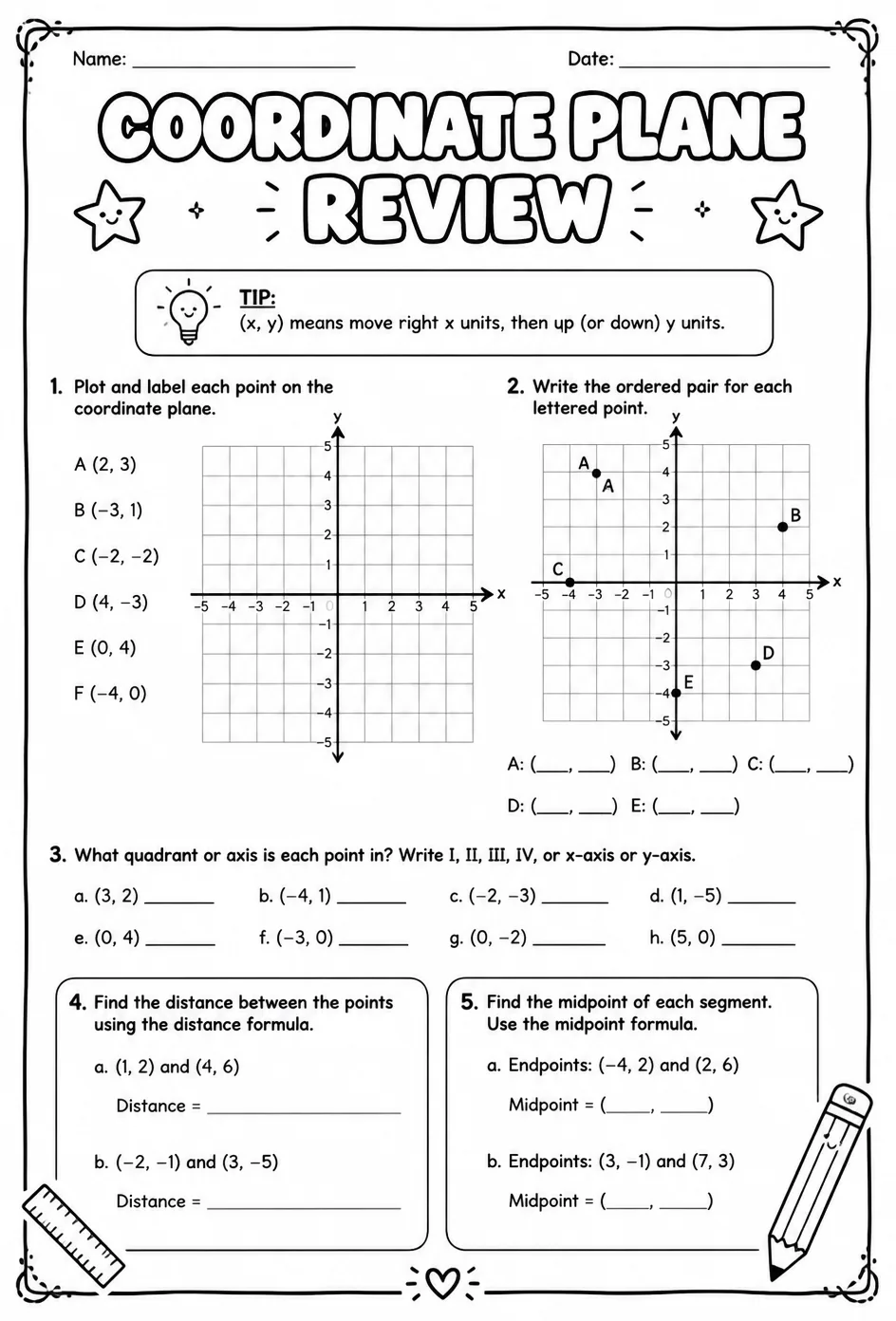 Coordinate plane review — free printable Algebra 1 math worksheet