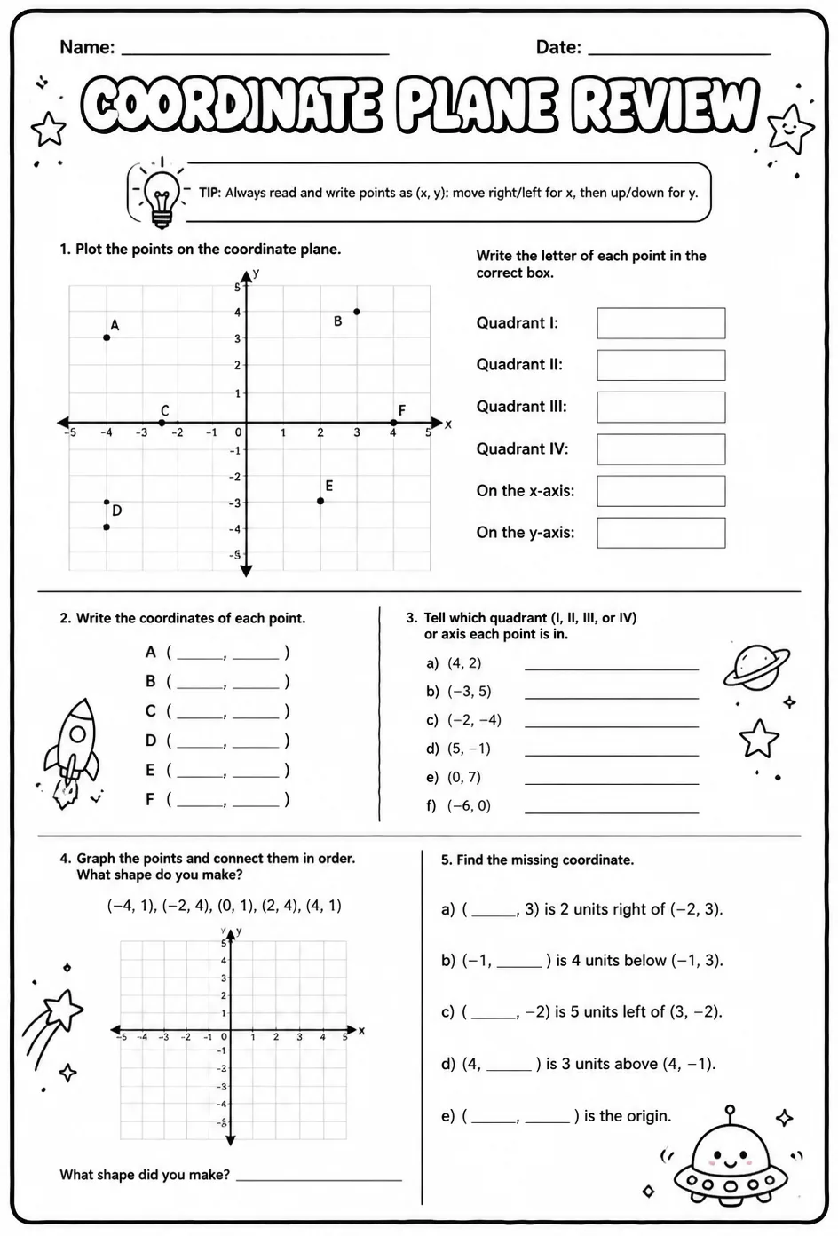 Coordinate plane review — free printable Grade 7 math worksheet