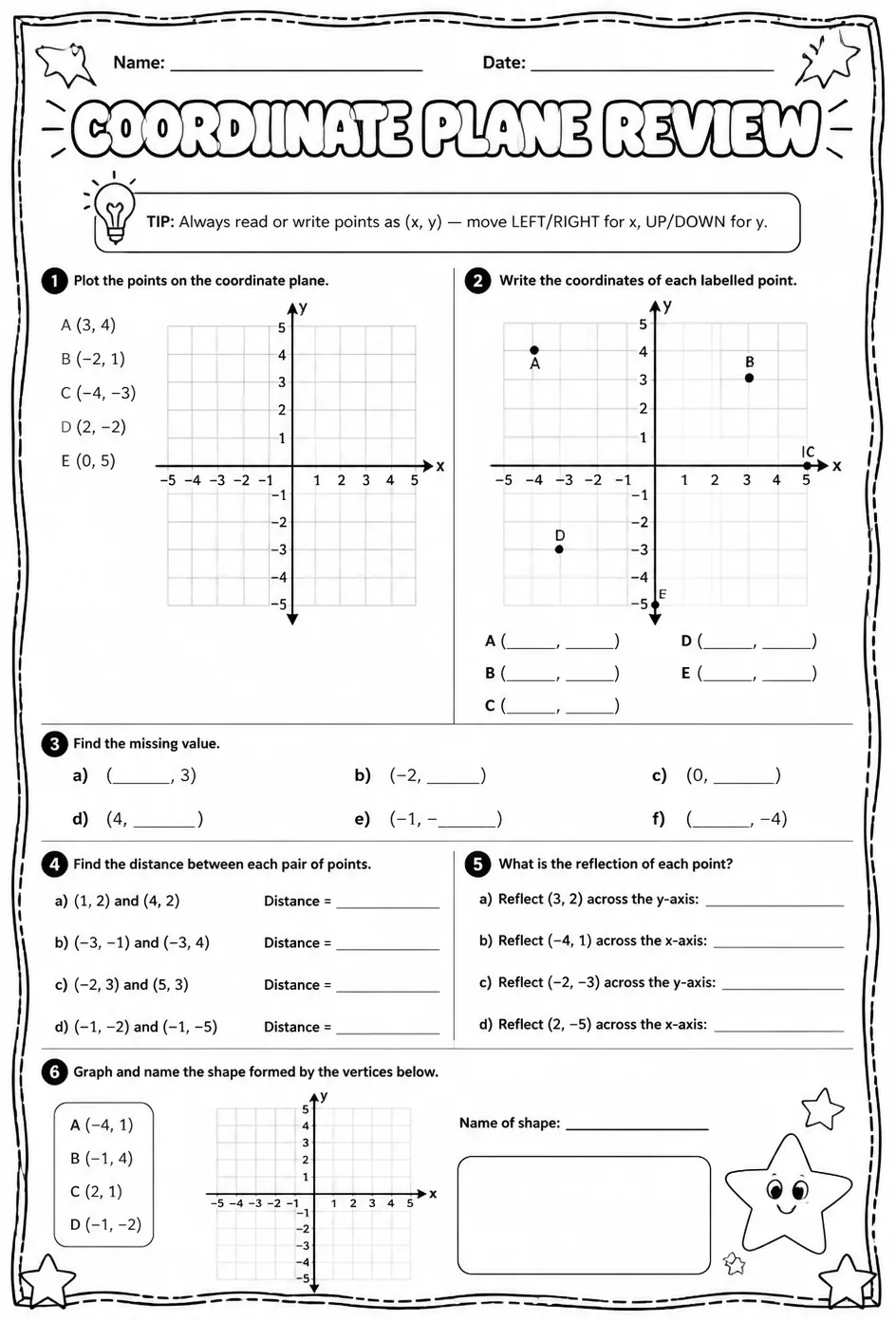 Coordinate plane review — free printable Grade 8 math worksheet