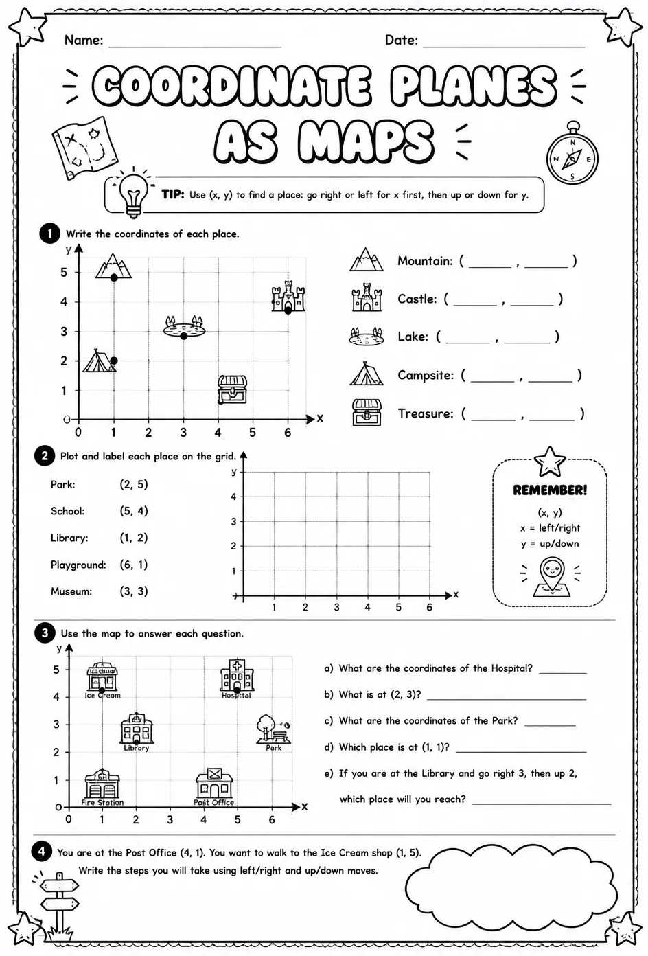 Coordinate planes as maps — free printable Grade 5 math worksheet