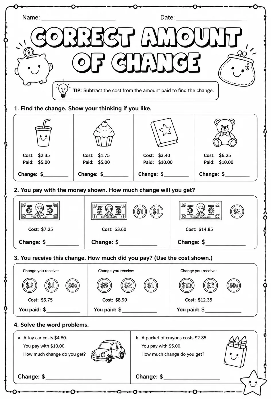 Correct amount of change — free printable Grade 2 math worksheet