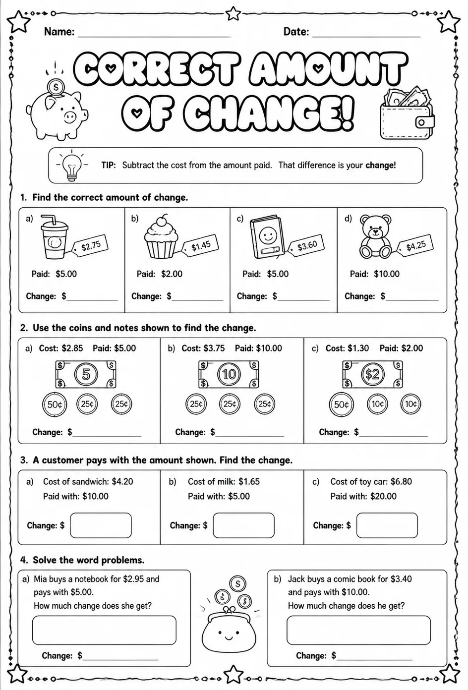 Correct amount of change — free printable Grade 3 math worksheet