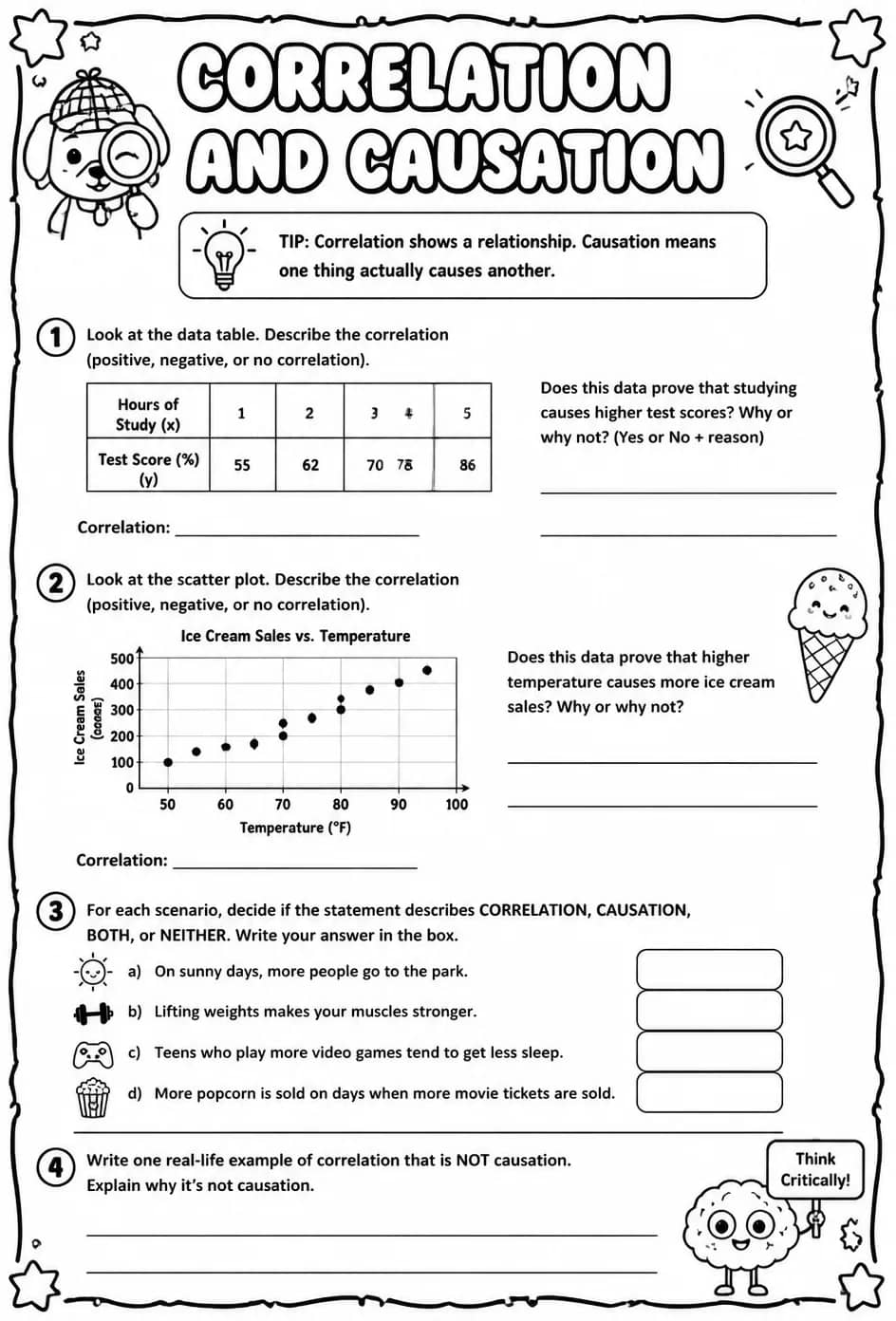 Correlation and causation — free printable Algebra 1 math worksheet