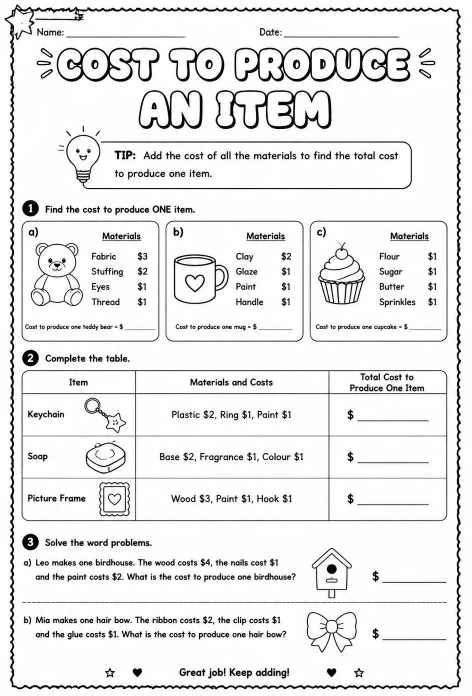 Cost to produce an item — free printable Grade 2 math worksheet