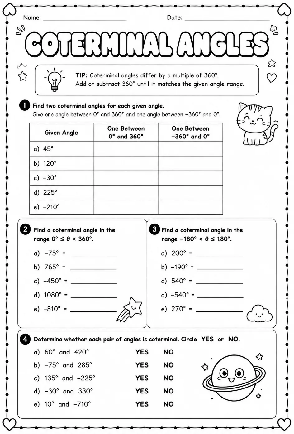 Coterminal angles — free printable Algebra 2 math worksheet