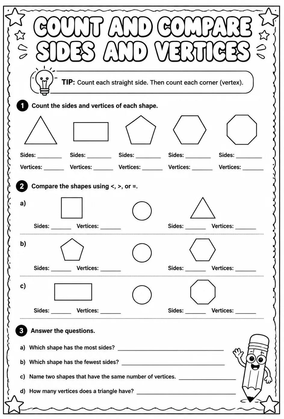 Count and compare sides and vertices — free printable Grade 3 math worksheet
