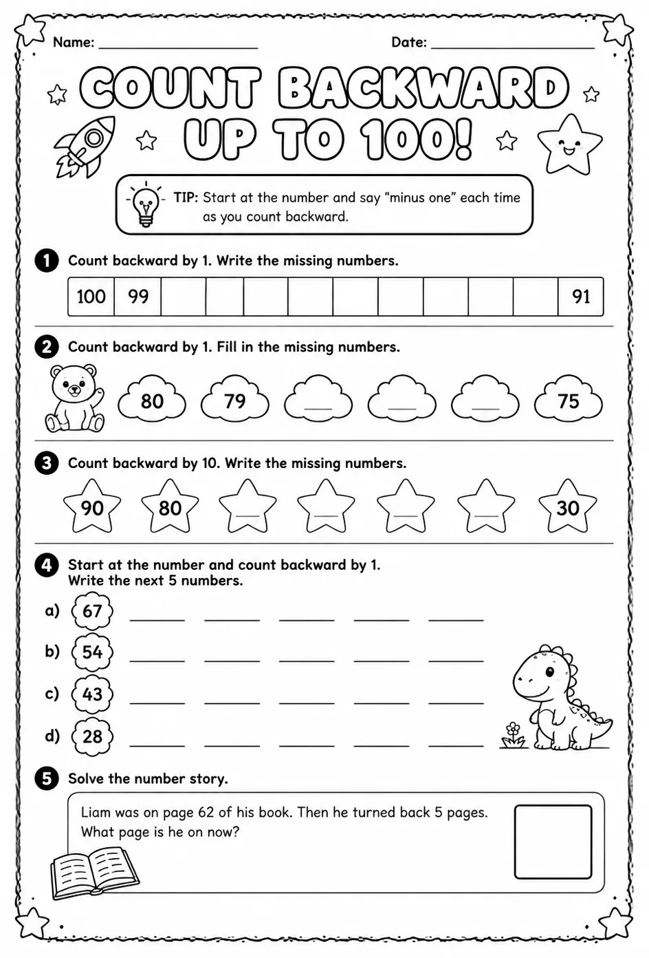 Count backward - up to 100 — free printable Grade 1 math worksheet