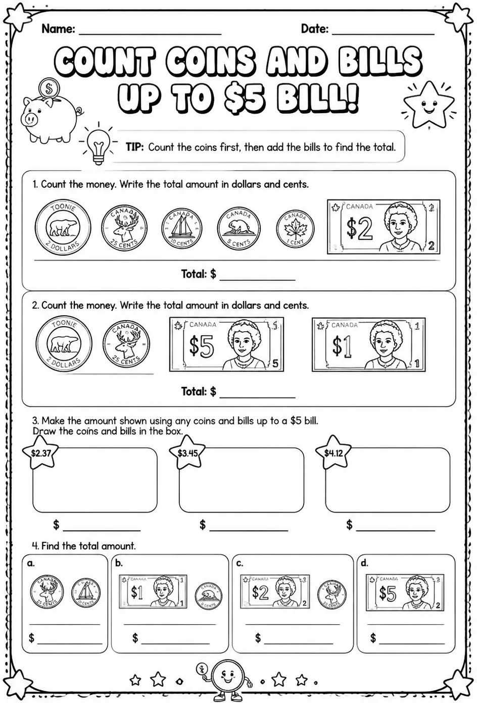 Count coins and bills - up to $5 bill — free printable Grade 3 math worksheet