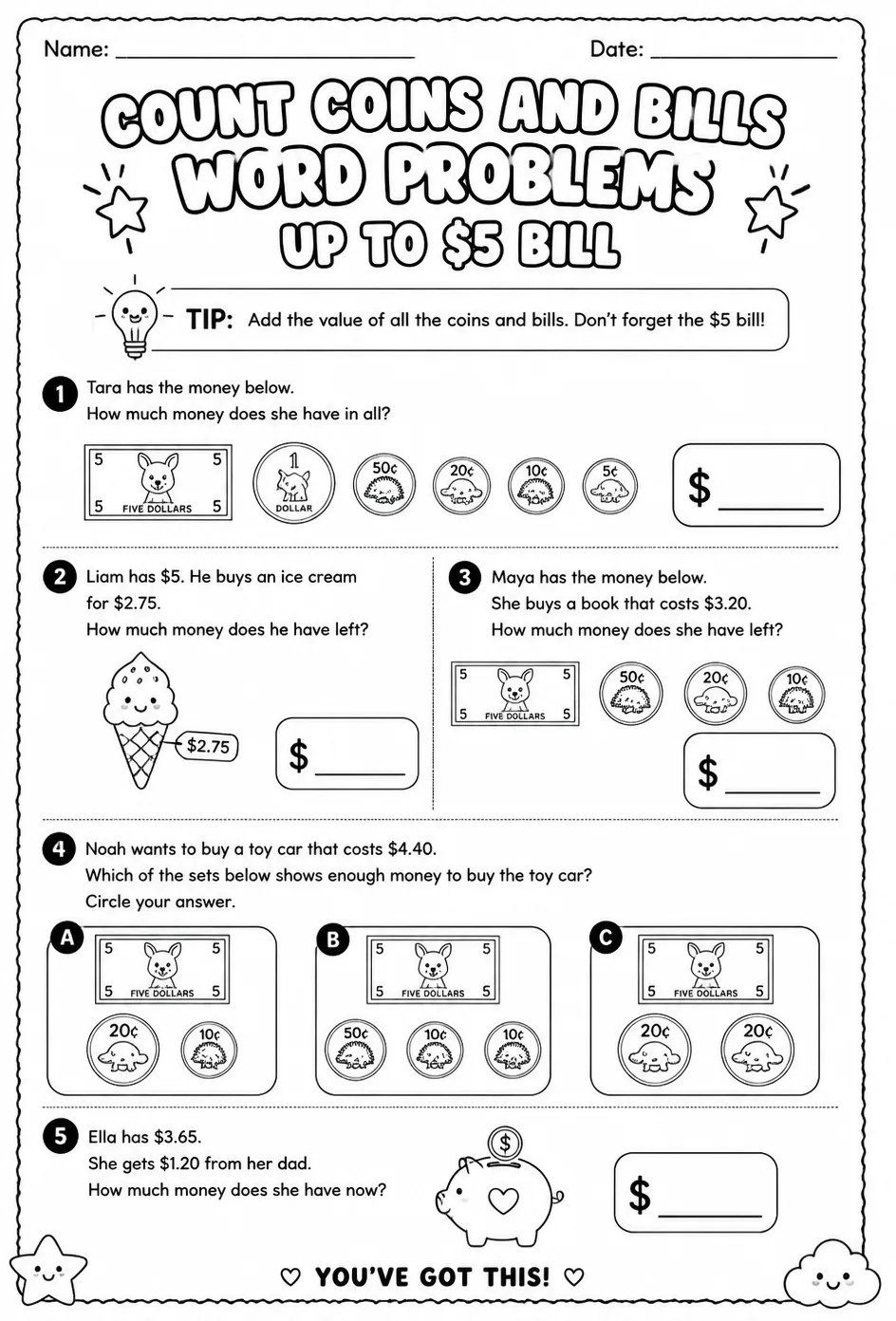Count coins and bills word problems - up to $5 bill — free printable Grade 3 math worksheet