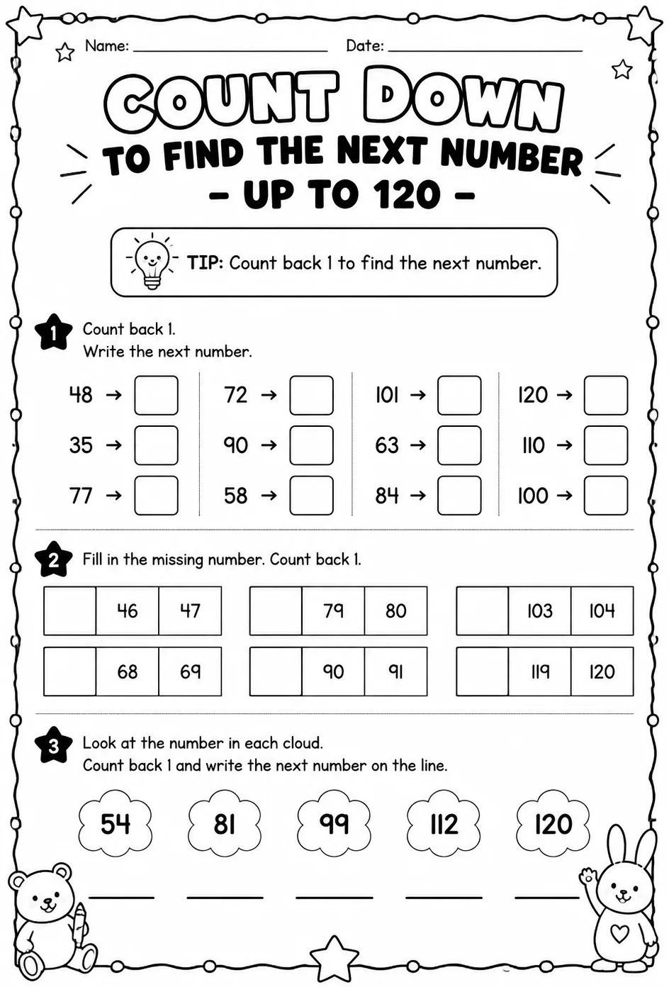 Count down to find the next number - up to 120 — free printable Grade 1 math worksheet