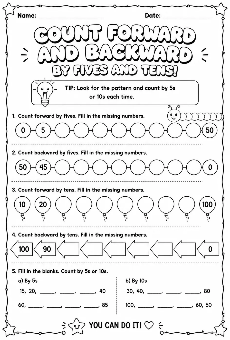 Count forward and backward by fives and tens — free printable Grade 2 math worksheet
