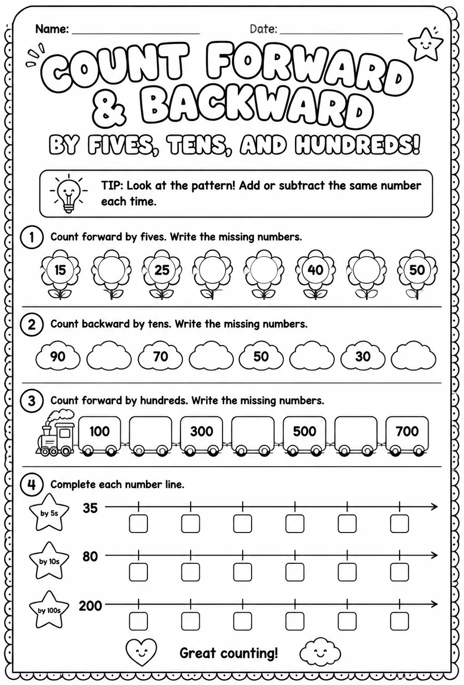 Count forward and backward by fives, tens, and hundreds — free printable Grade 2 math worksheet