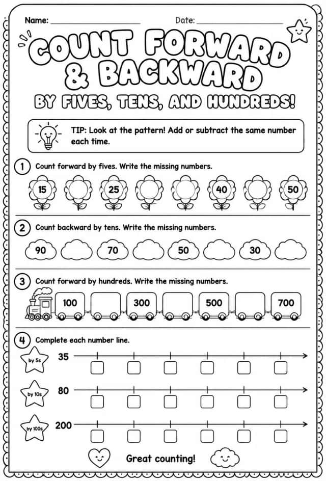 Count forward and backward by fives, tens, and hundreds