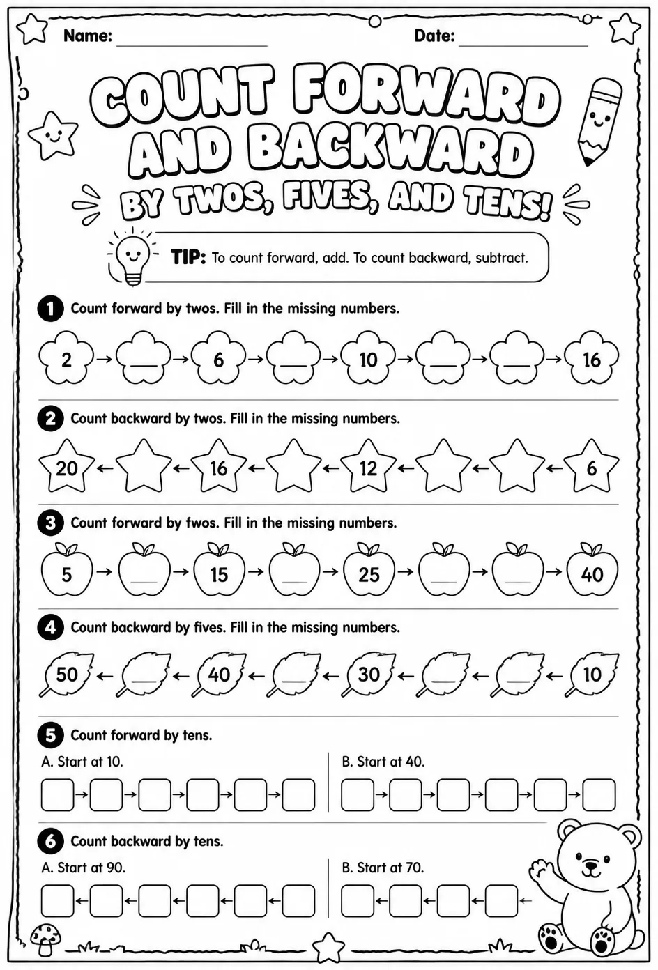 Count forward and backward by twos, fives, and tens — free printable Grade 2 math worksheet