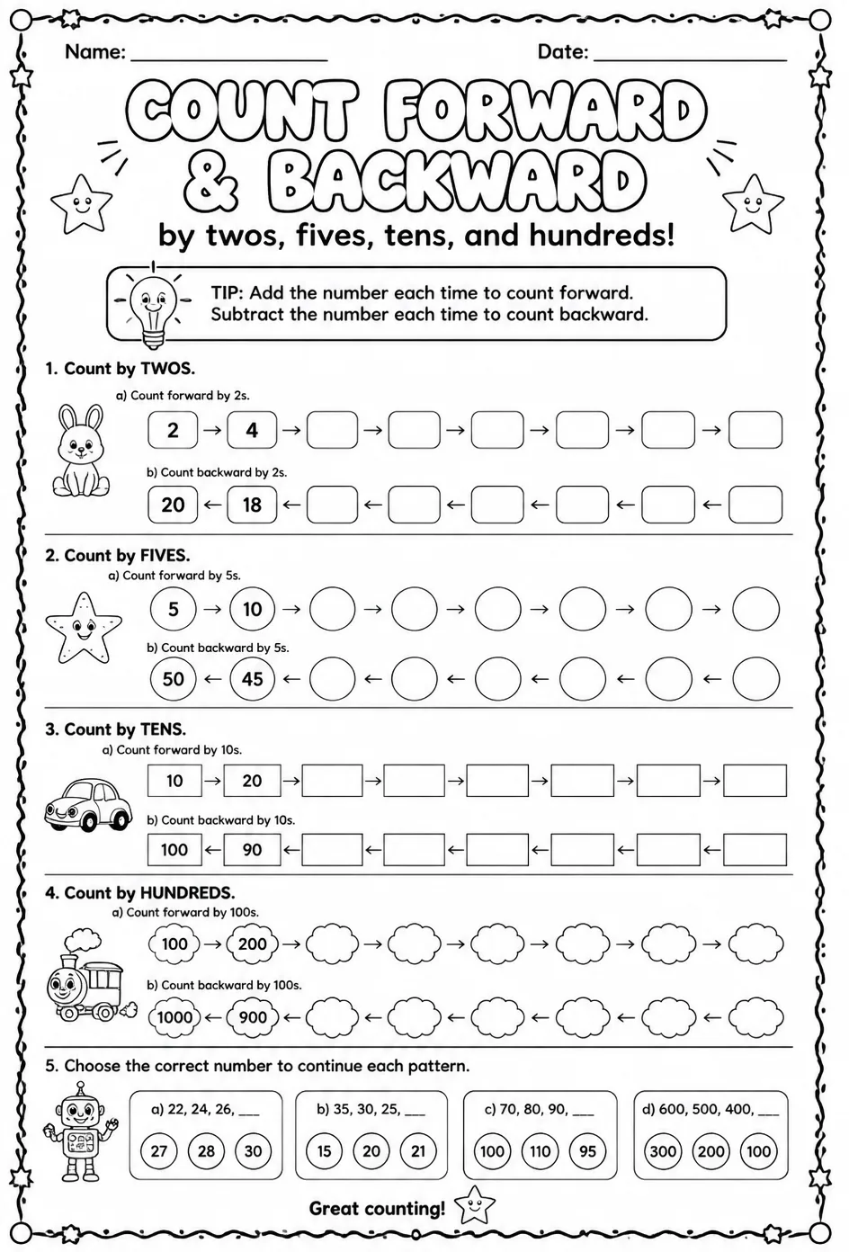 Count forward and backward by twos, fives, tens, and hundreds — free printable Grade 2 math worksheet