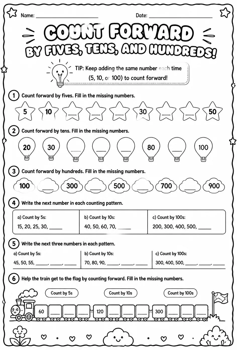 Count forward by fives, tens, and hundreds — free printable Grade 2 math worksheet