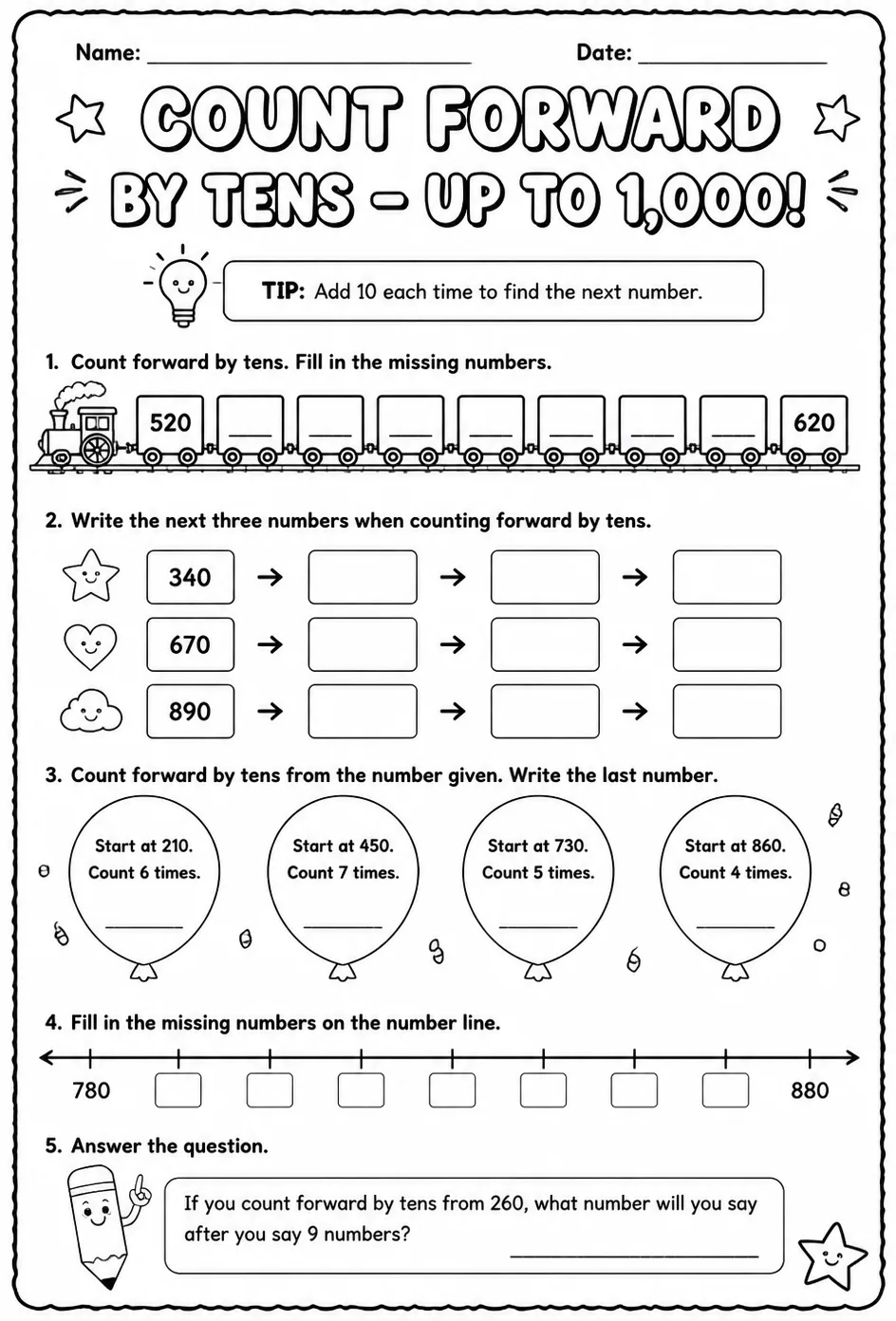 Count forward by tens - up to 1,000 — free printable Grade 2 math worksheet