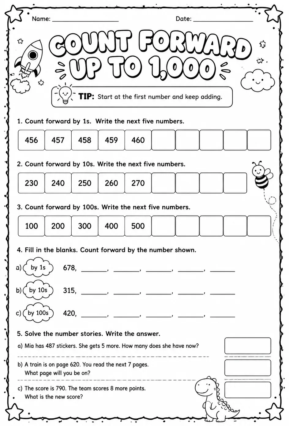 Count forward - up to 1,000 — free printable Grade 2 math worksheet