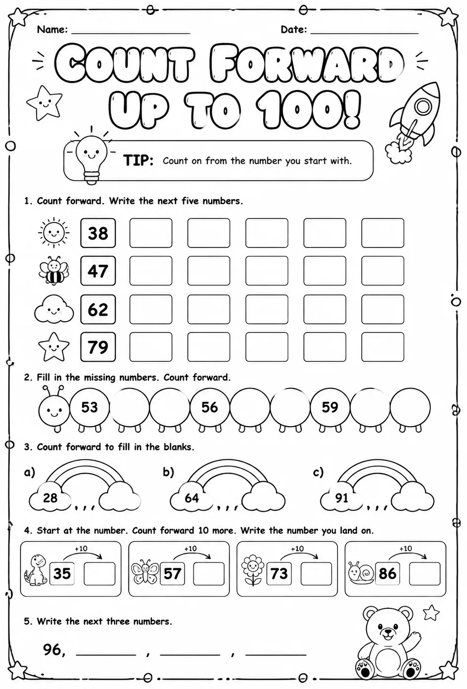 Count forward - up to 100 — free printable Grade 1 math worksheet