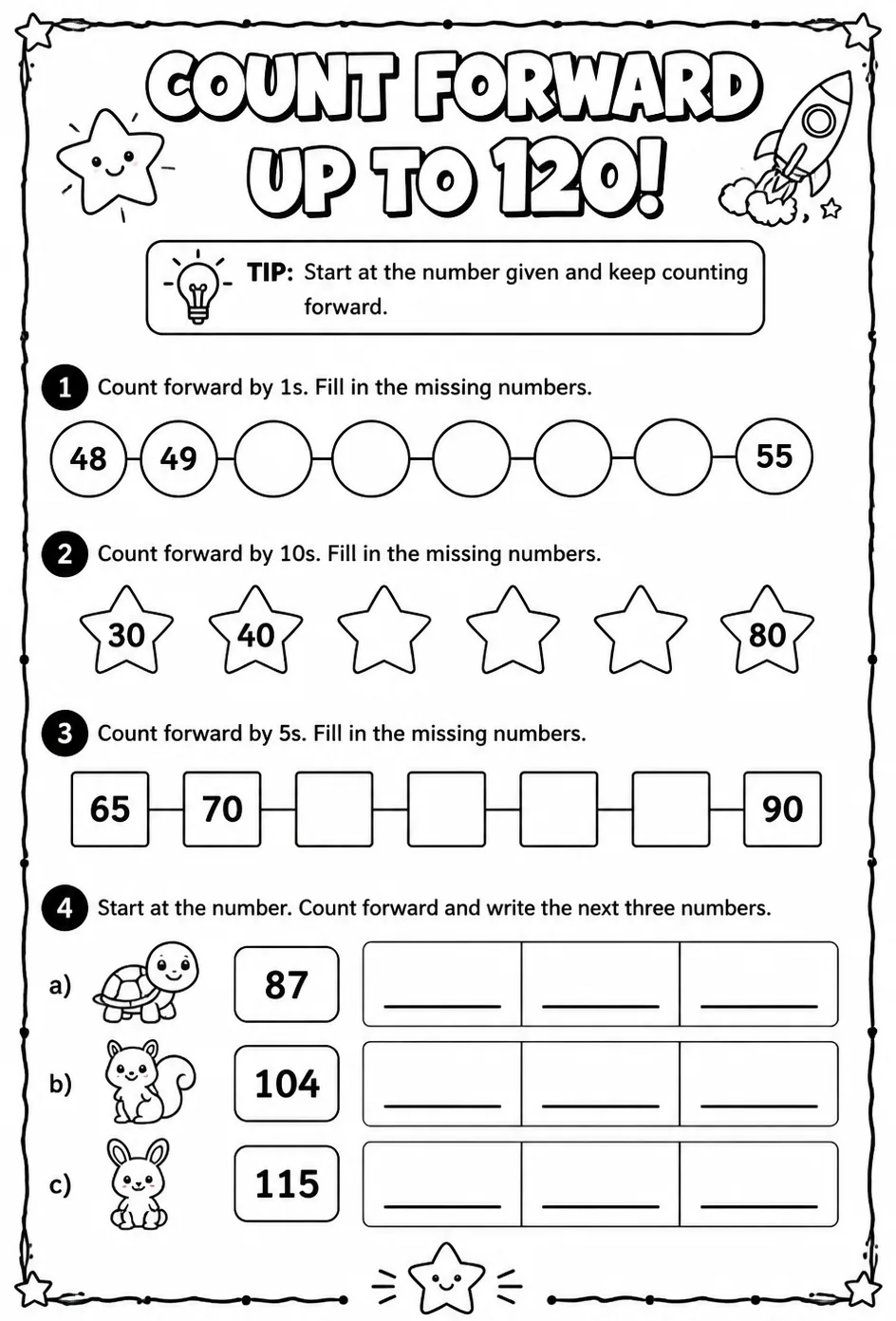 Count forward - up to 120 — free printable Grade 1 math worksheet