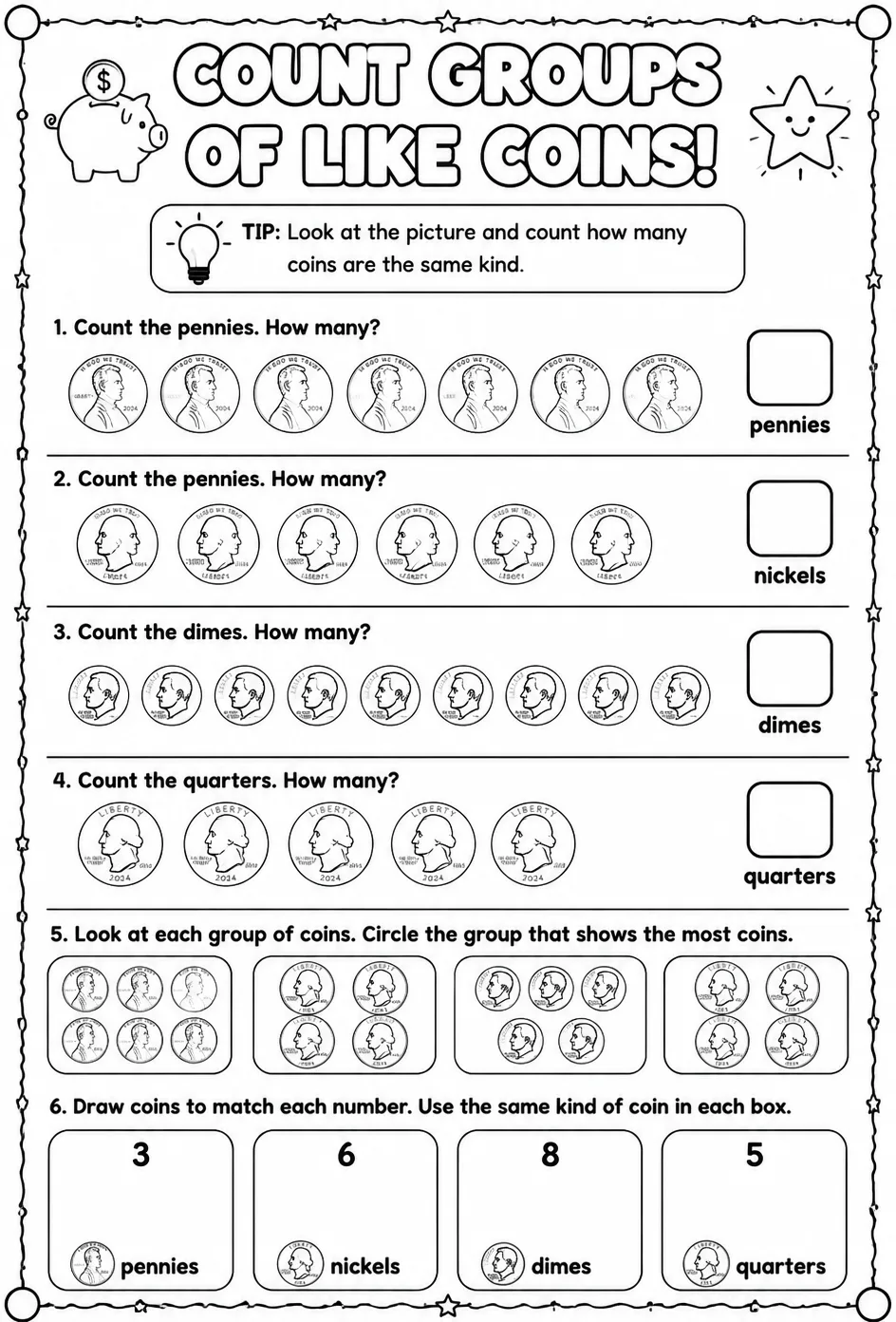 Count groups of like coins: pennies, nickels, dimes, or quarters — free printable Grade 1 math worksheet