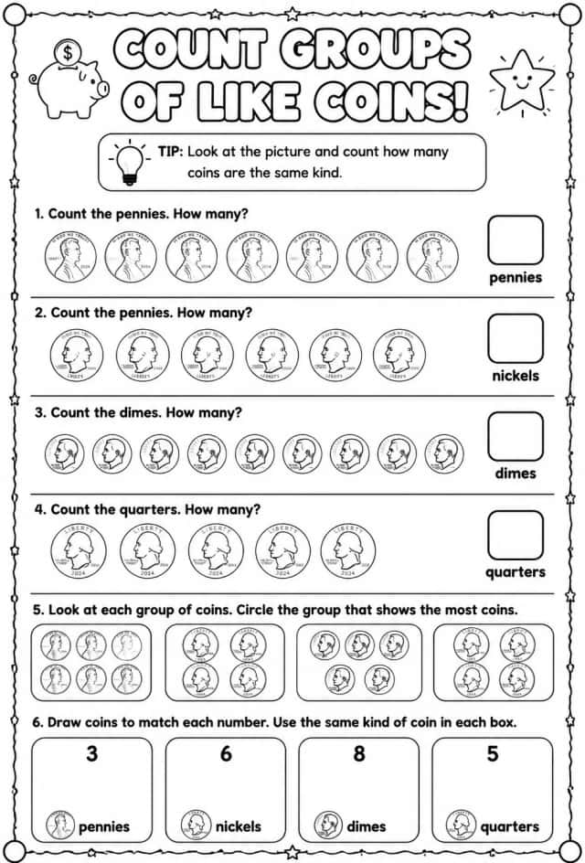Count groups of like coins: pennies, nickels, dimes, or quarters
