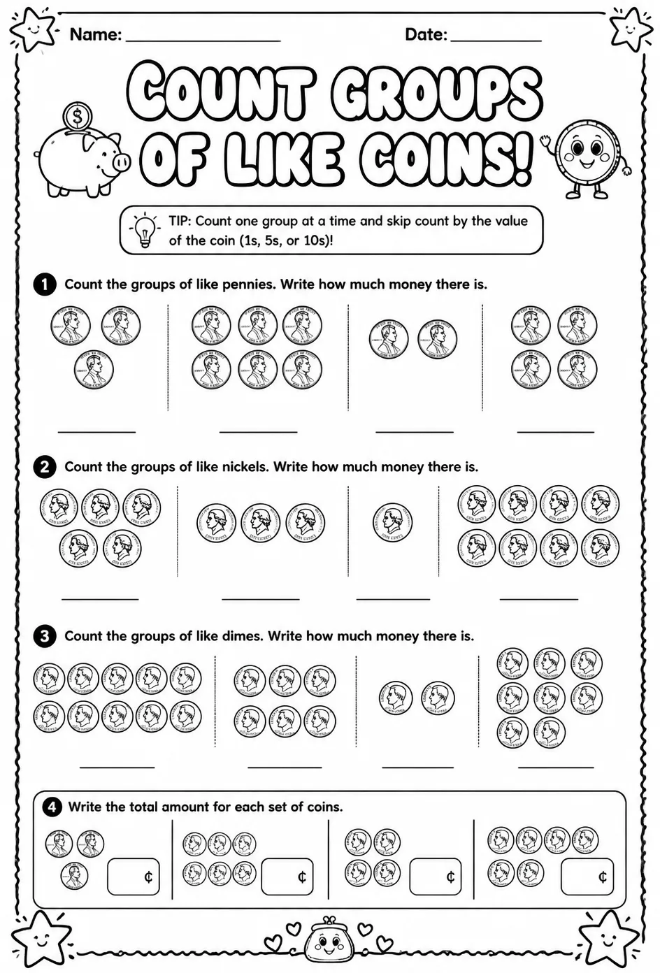 Count groups of like coins: pennies, nickels, or dimes — free printable Grade 1 math worksheet