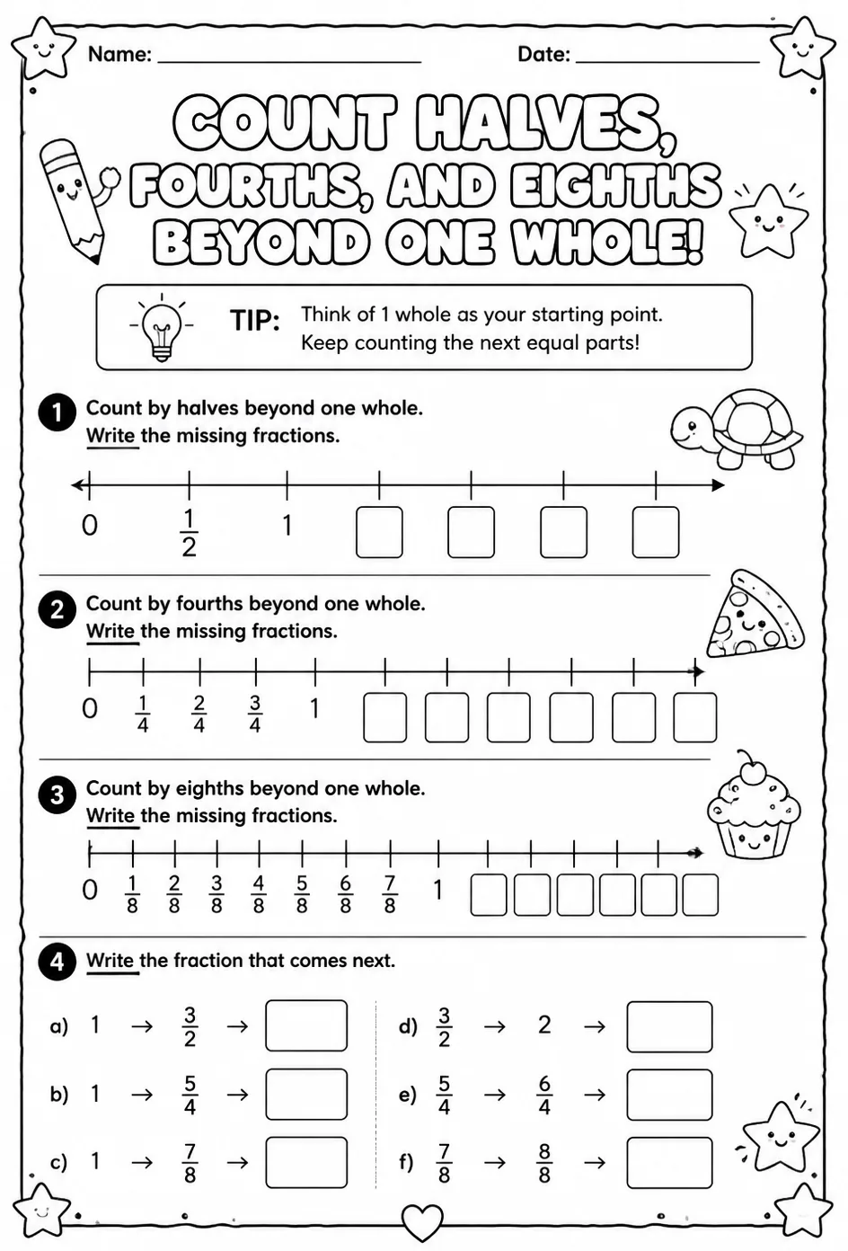 Count halves, fourths, and eighths beyond one whole — free printable Grade 2 math worksheet