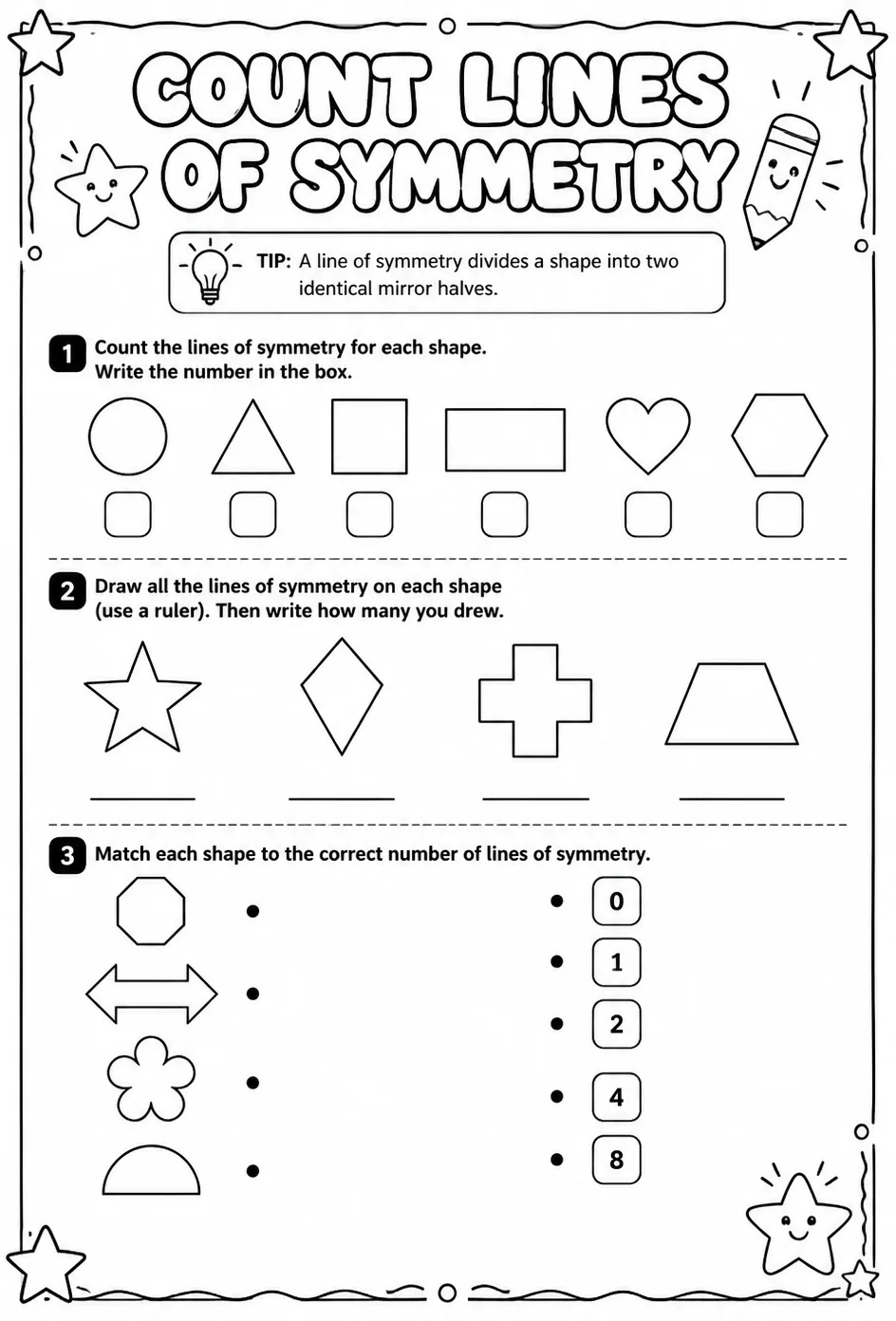 Count lines of symmetry — free printable Geometry math worksheet