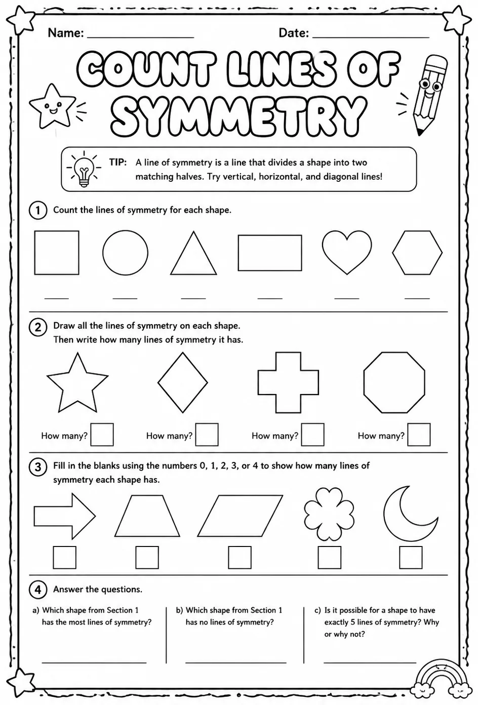 Count lines of symmetry — free printable Grade 4 math worksheet