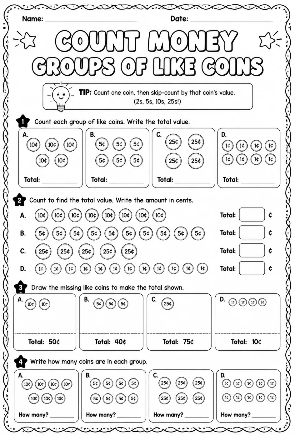 Count money - groups of like coins — free printable Grade 2 math worksheet