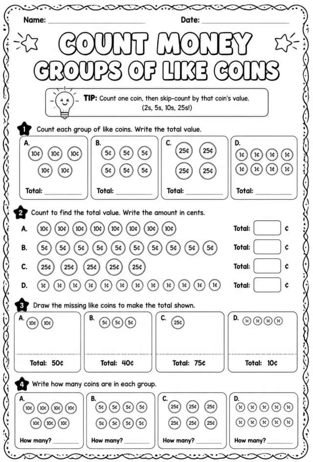Count money - groups of like coins